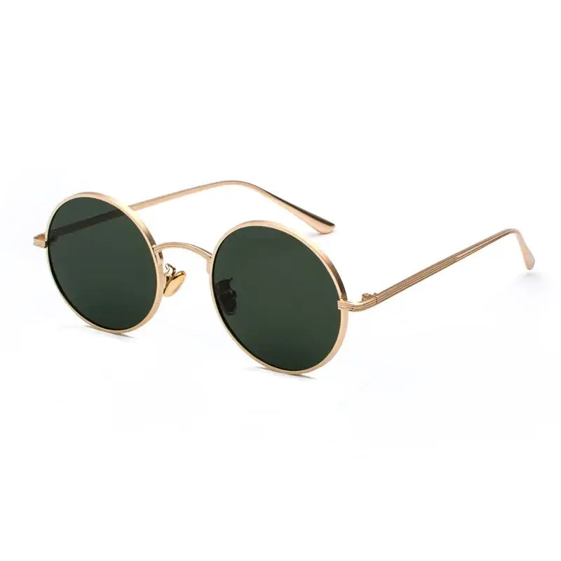 Gold-toned round-frame sunglasses with dark green lenses.