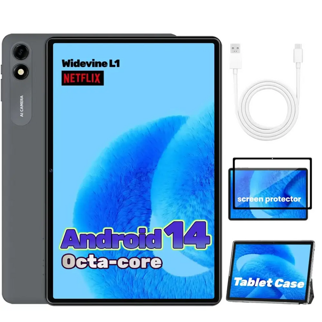 Gray tablet with a sleek, modern design featuring dual rear cameras and an ai camera label on the side.