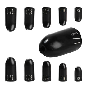 Set of black, glossy-finished fishing sinkers in various sizes with white engraved measurements.