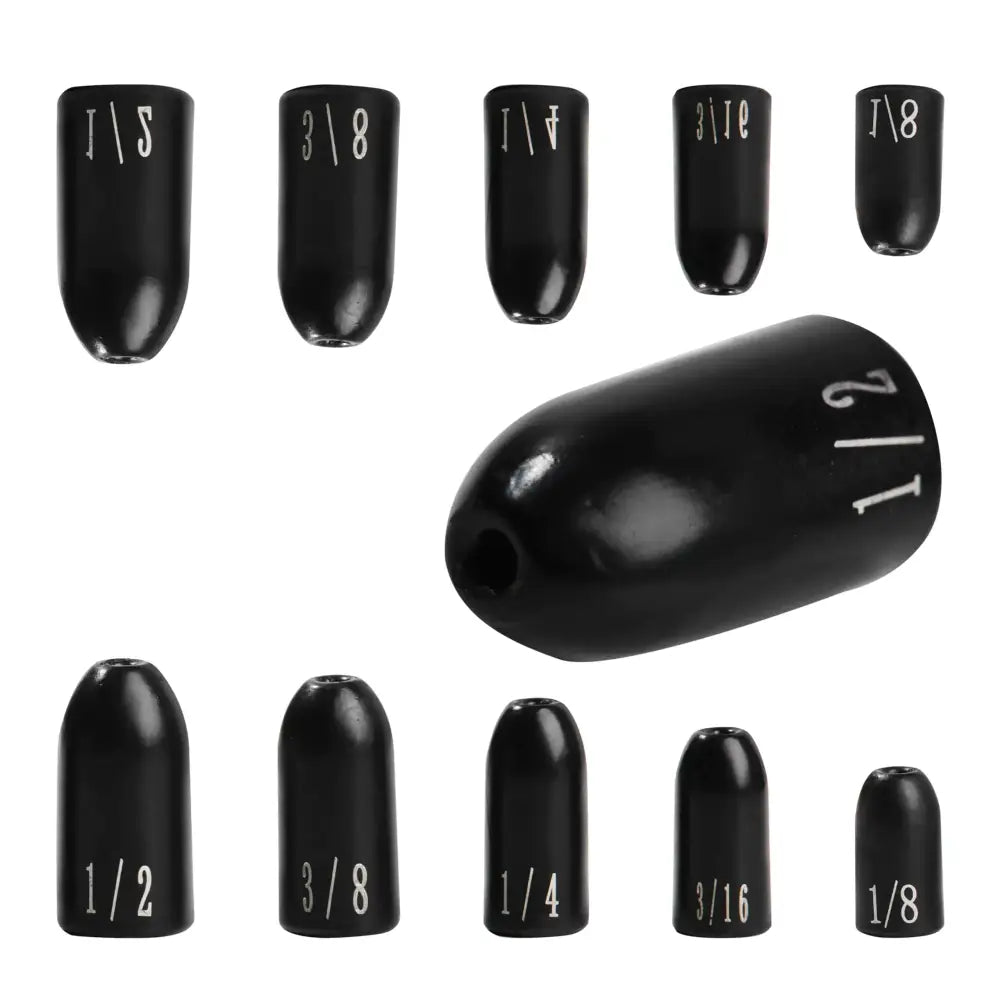 Set of black, glossy-finished fishing sinkers in various sizes with white engraved measurements.