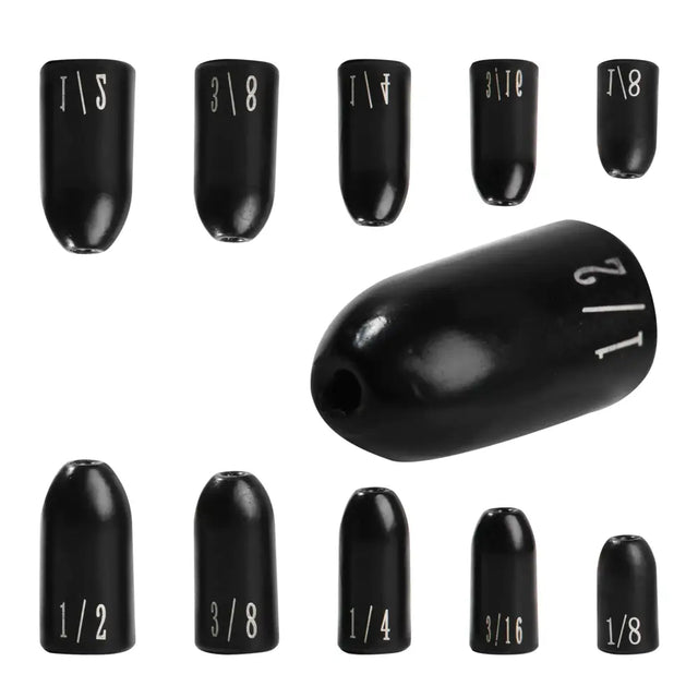 Set of black, glossy-finished fishing sinkers in various sizes with white engraved measurements.