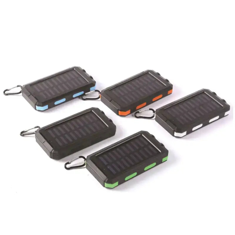 Black rectangular solar-powered portable chargers with colorful accent stripes and carabiner clips.