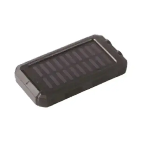 Black rectangular solar-powered portable charger with a textured, rugged design and visible photovoltaic cells.