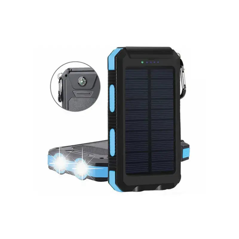 Black and blue solar-powered portable charger with integrated led lights.