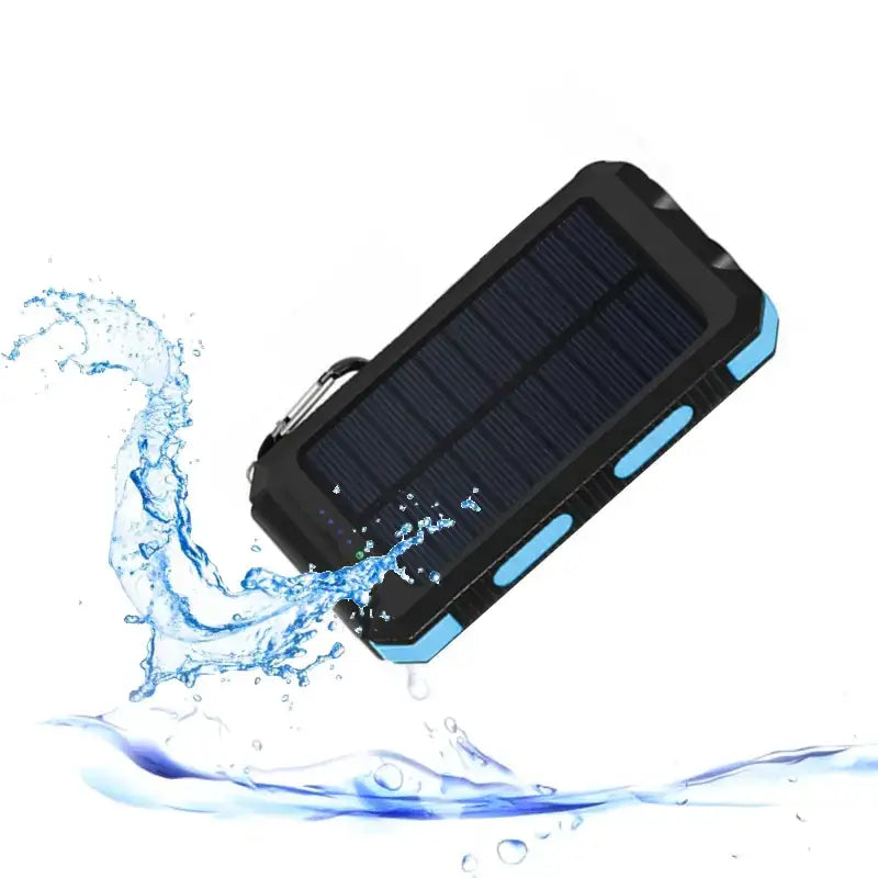 Black and blue rugged solar-powered portable charger with a durable, textured casing.