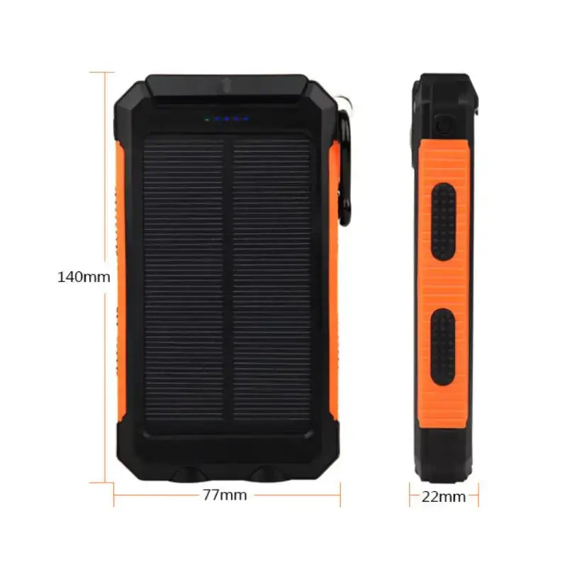 Black and orange rugged solar-powered portable charger with a textured grip, durable plastic casing.