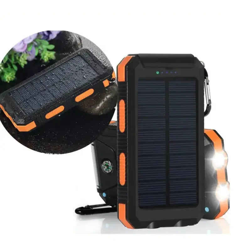 Black and orange rugged solar-powered portable charger with built-in led lights.