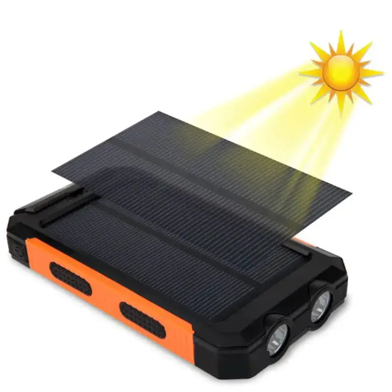 Black and orange solar-powered portable charger with dual led lights.