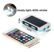 White and light blue solar-powered phone charger with dual led lights.