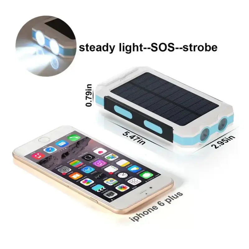 White and light blue solar-powered phone charger with dual led lights.