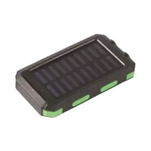 Black and green solar-powered portable charger with a rugged, rectangular design.