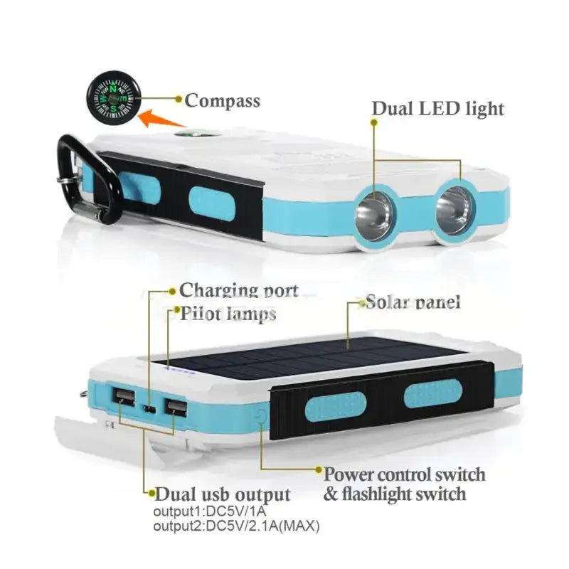 White and light blue portable solar charger with dual led lights, a built-in compass, usb ports, and a solar panel.