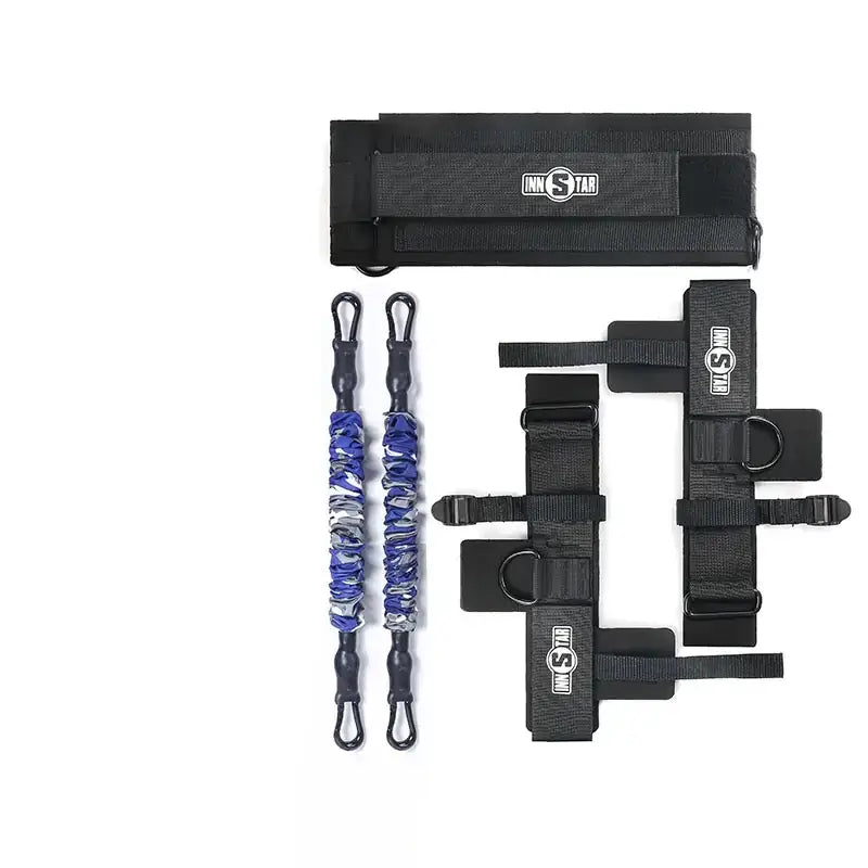 Black innstar resistance band and ankle strap set with blue and gray elastic bands.