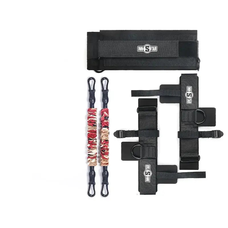 Black innstar resistance band and ankle strap set with red, beige, and black patterned bands