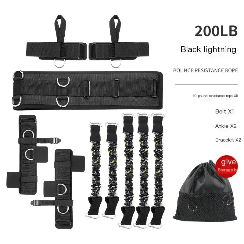 Black lightning 200lb bounce resistance rope exercise kit with adjustable belt, ankle and wrist straps.