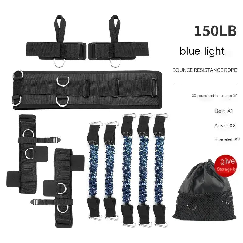 Blue light 150lb bounce resistance rope set with black webbing straps and metallic hardware