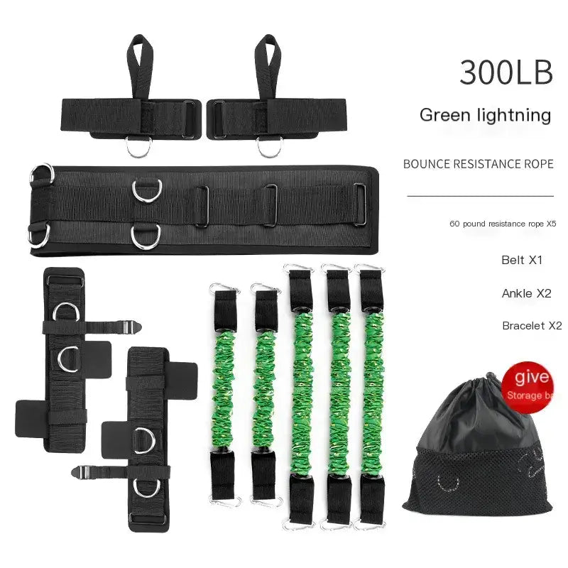 Green lightning 300lb bounce resistance rope set with black webbing straps and metal hardware.