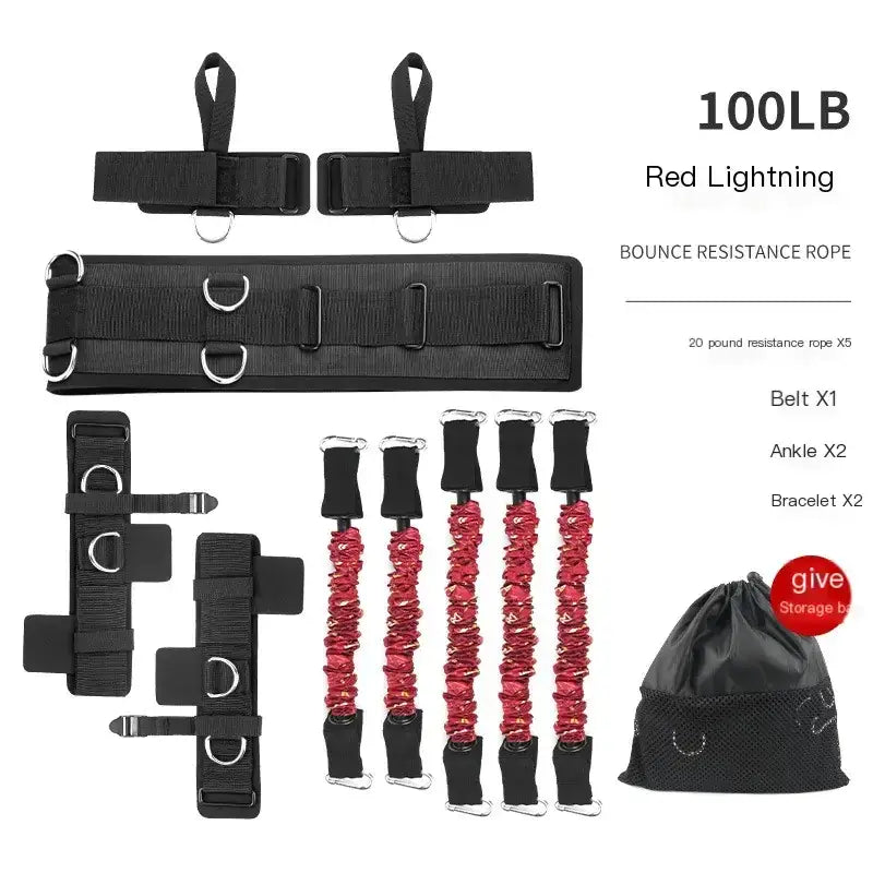 Red lightning 100lb bounce resistance rope set with black webbing straps and metallic d-rings.