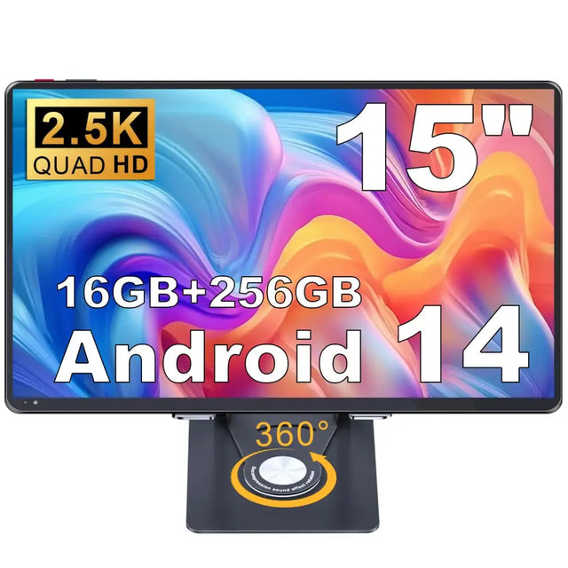 15-inch 2.5k quad hd android 14 tablet with 16gb ram and 256gb storage, featuring a sleek black design on a stand that supports 360-degree rotation for versatile viewing angles.