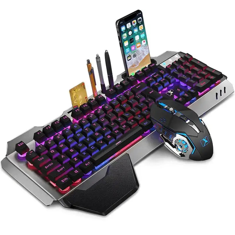 Black and silver gaming keyboard with rgb backlighting, integrated phone stand, and wrist rest