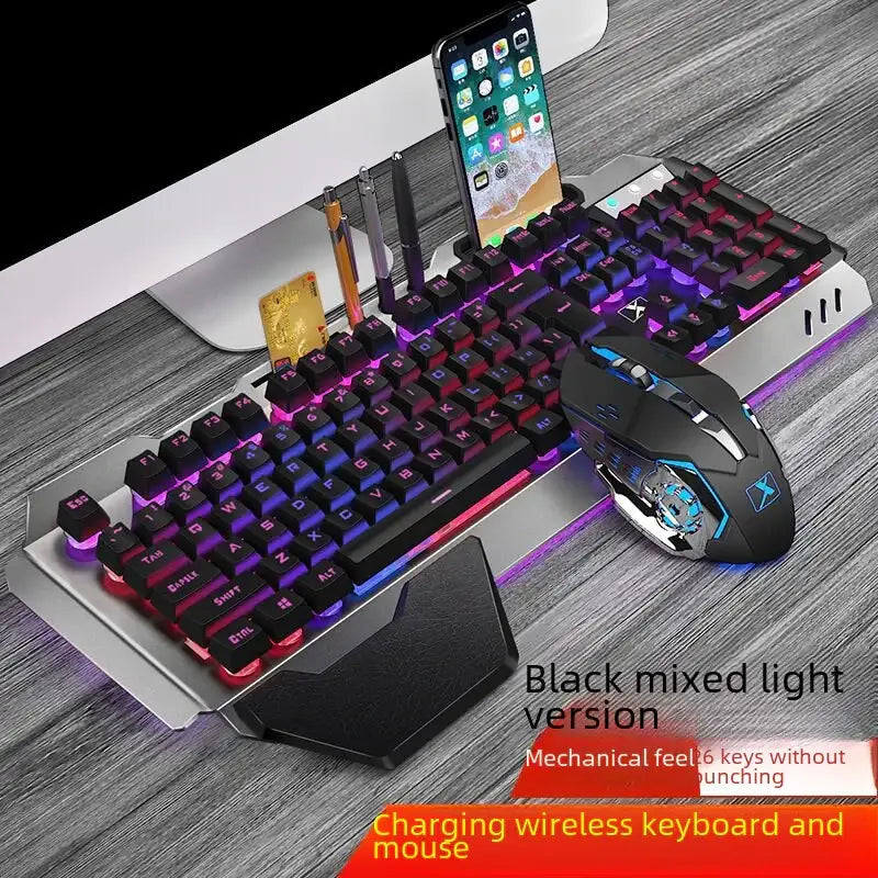 Black and silver gaming keyboard with rgb backlighting, paired with a matching black wireless mouse featuring blue accent lighting.