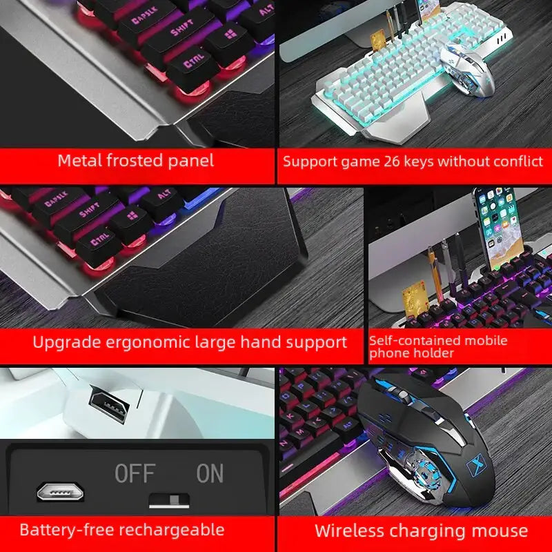 The image displays a gaming keyboard with black keys, purple backlighting, and a silver metal frosted panel.