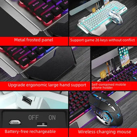 The image displays a gaming keyboard with black keys, purple backlighting, and a silver metal frosted panel.