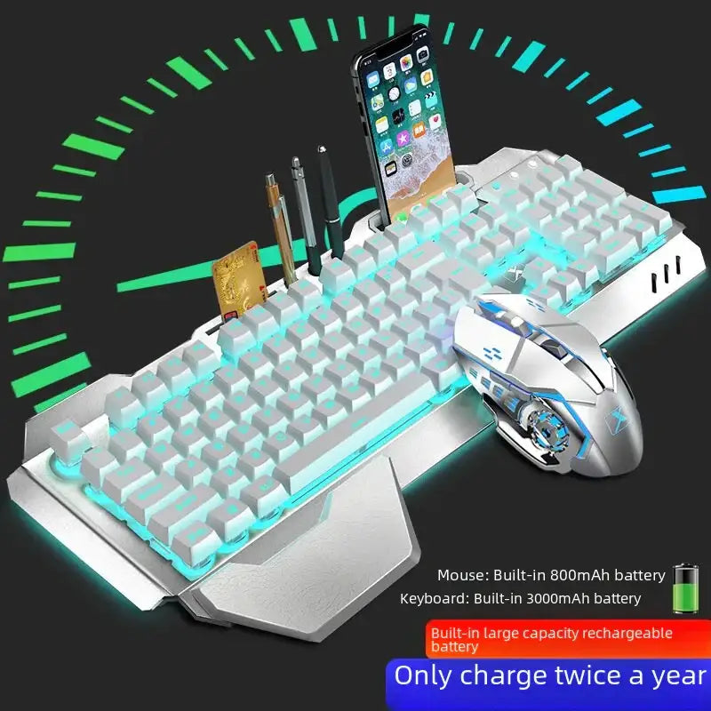 Silver and blue gaming keyboard with built-in rechargeable battery, featuring a sleek metallic design and glowing backlighting.