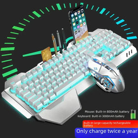 Silver and blue gaming keyboard with built-in rechargeable battery, featuring a sleek metallic design and glowing backlighting.