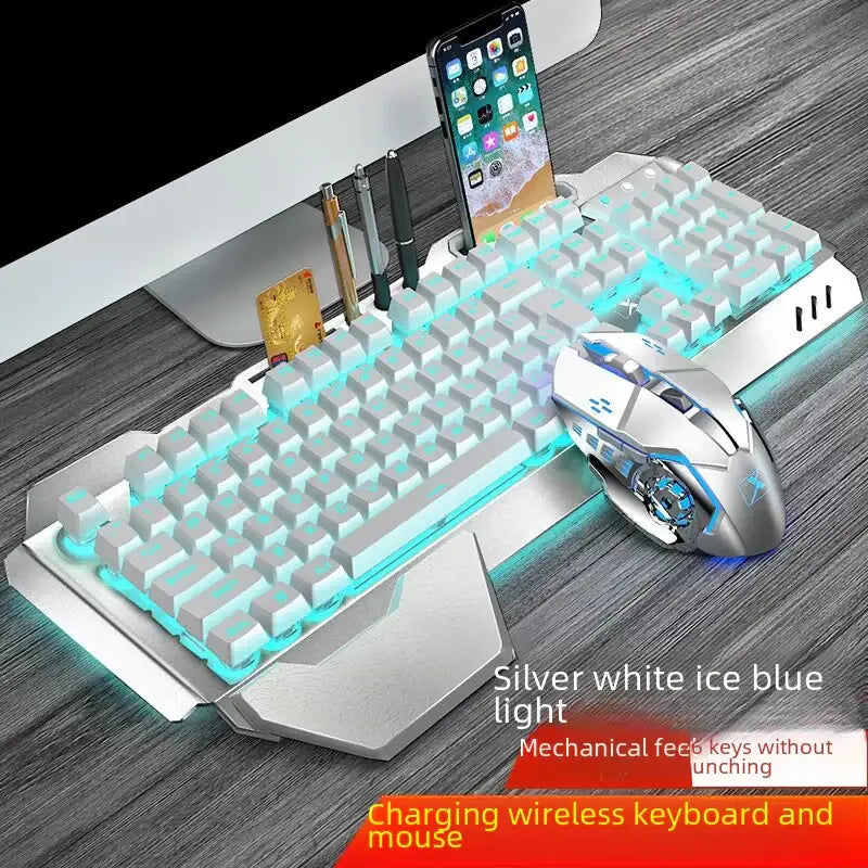 Silver and white gaming keyboard with ice blue backlighting, featuring a built-in phone stand and pen holder.