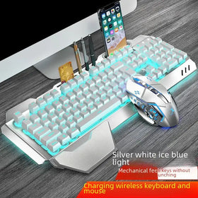 Silver and white gaming keyboard with ice blue backlighting, featuring a built-in phone stand and pen holder.