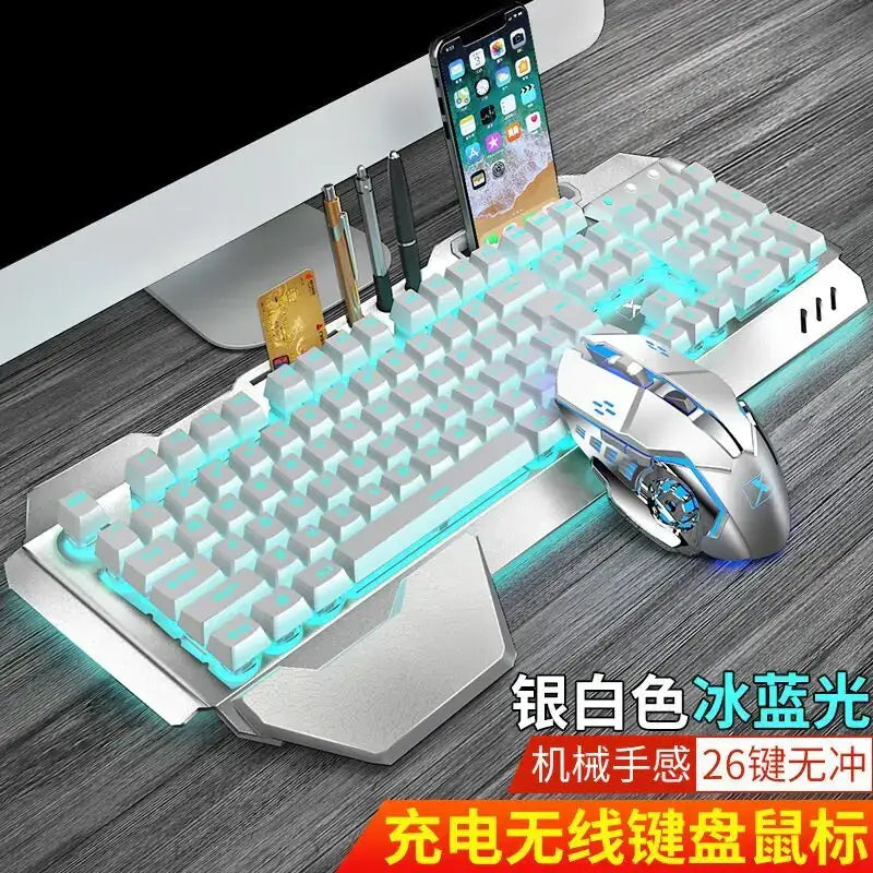 Silver and white gaming keyboard with blue backlighting, featuring a mechanical feel and 26 keys without conflict.