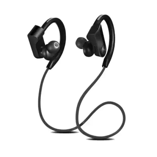 Black in color, these are sport-style wireless earbuds with a sleek, ergonomic design and flexible hooks for secure fit during physical activity.