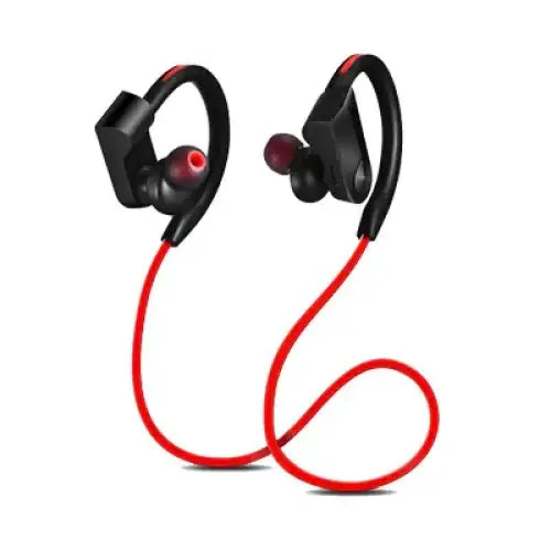 Black and red wireless sports earphones with a sleek, ergonomic design.