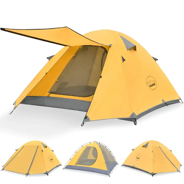 Yellow kaido brand two-person tent with gray accents and a mesh window.