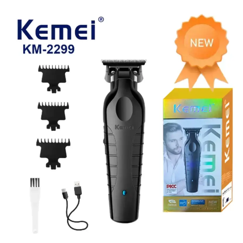Black kemei km-2299 electric hair trimmer with textured grip and multiple black comb attachments.