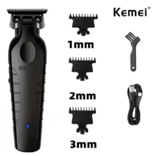 Black kemei electric hair trimmer with interchangeable 1mm, 2mm, and 3mm comb attachments.