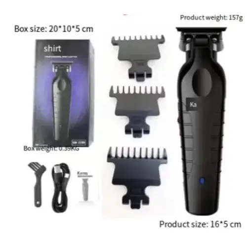 Black electric hair trimmer with multiple adjustable comb attachments and a charging cable