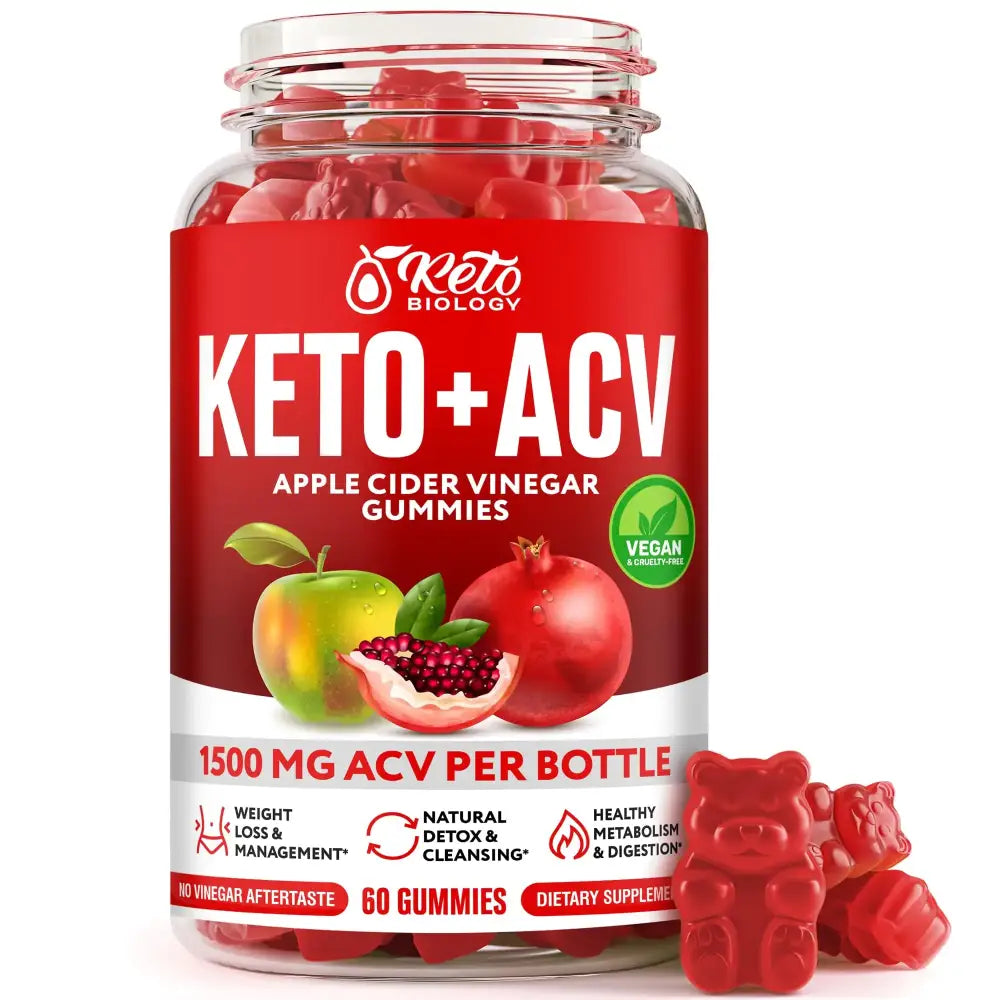 Red gummy bear-shaped keto+acv apple cider vinegar supplements in a clear glass jar.