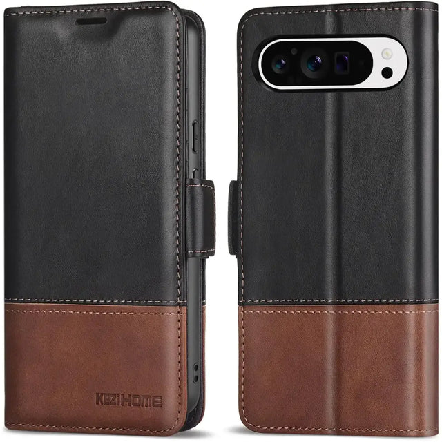 KEZiHOME Case for Google Pixel 9 Pro XL Genuine Leather [RFID Blocking] Wallet Case with Card Holder Kickstand Magnetic Flip Protective Cover Compatible with Google Pixel 9 Pro XL 5G (Black/Brown)