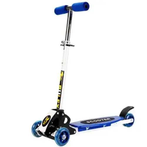 Blue and black children’s scooter with blue translucent wheels and a silver handlebar.