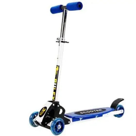 Blue and black children’s scooter with blue translucent wheels and a silver handlebar.