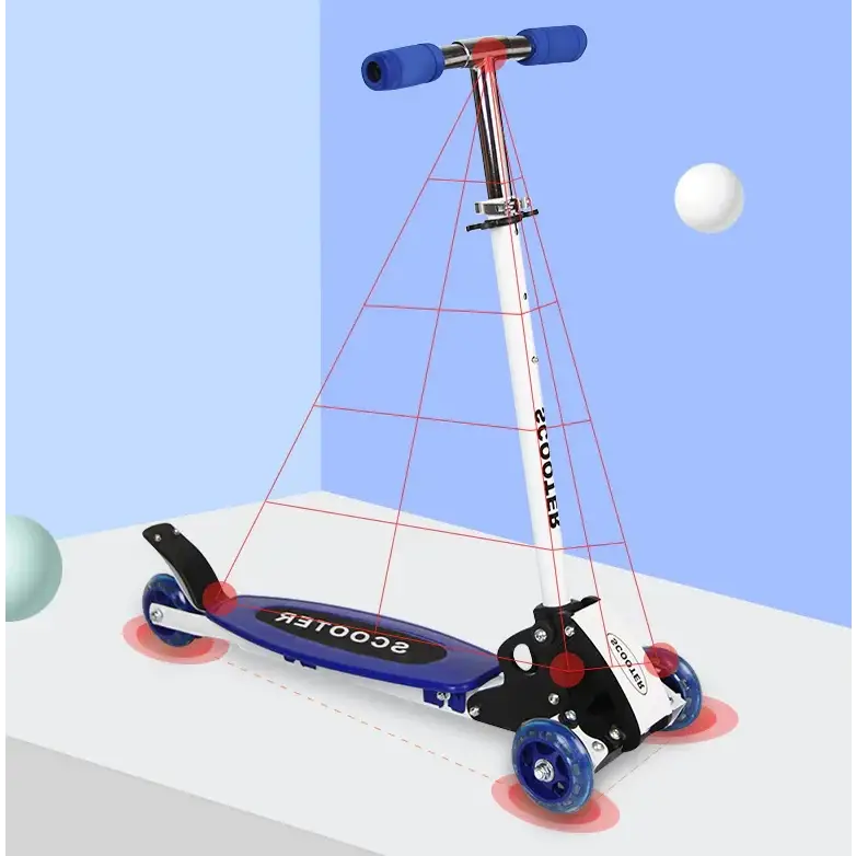 Blue and white children’s scooter with blue grip handles, black footrests, and translucent blue wheels.