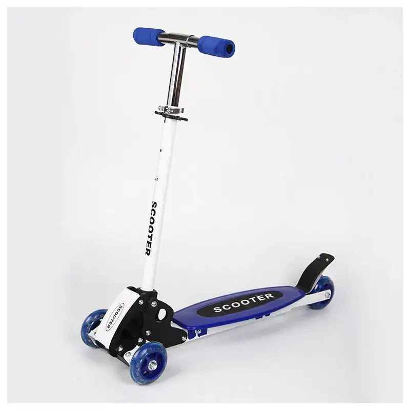 Blue and white children’s scooter with blue grip handles, translucent blue wheels, and a black footplate.