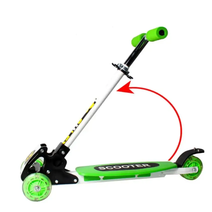 Green and black foldable scooter with glowing green wheels.
