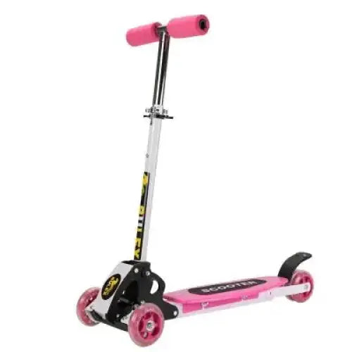 Pink and black children’s scooter with pink wheels, silver frame, and a branded deck.