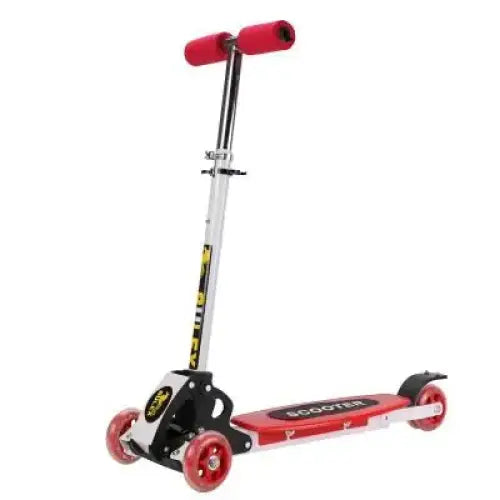 Red and silver three-wheel scooter with padded handlebars and a black deck featuring the word ’scooter’ in white lettering.