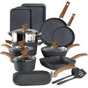 Black speckled non-stick cookware set with wooden handles and glass lids.