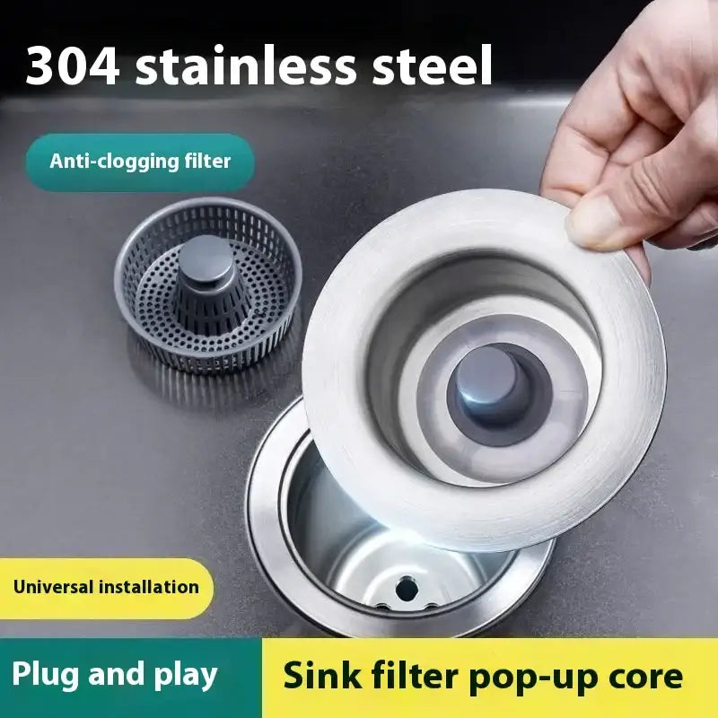 Silver 304 stainless steel sink filter pop-up core with anti-clogging design.