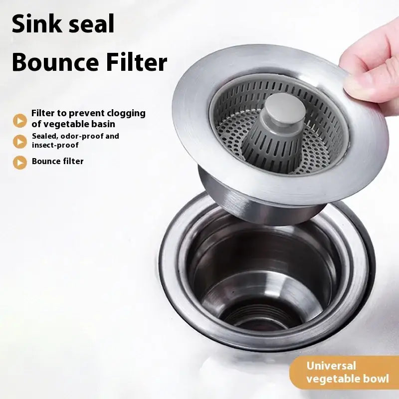 Stainless steel sink seal bounce filter with a perforated design and central cylindrical component.